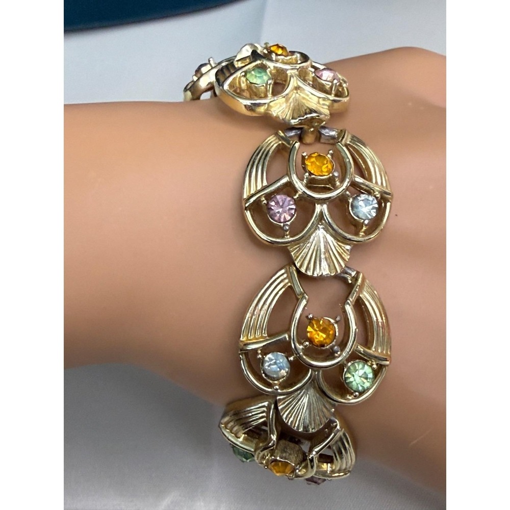 Vintage Signed Coro Script bracelet pastel rhinestones gold tone MCM - Picture 2 of 6